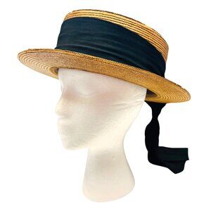 Vintage 1920 Inspired Salus Style Straw Boater Hat With Black Ribbon Italy